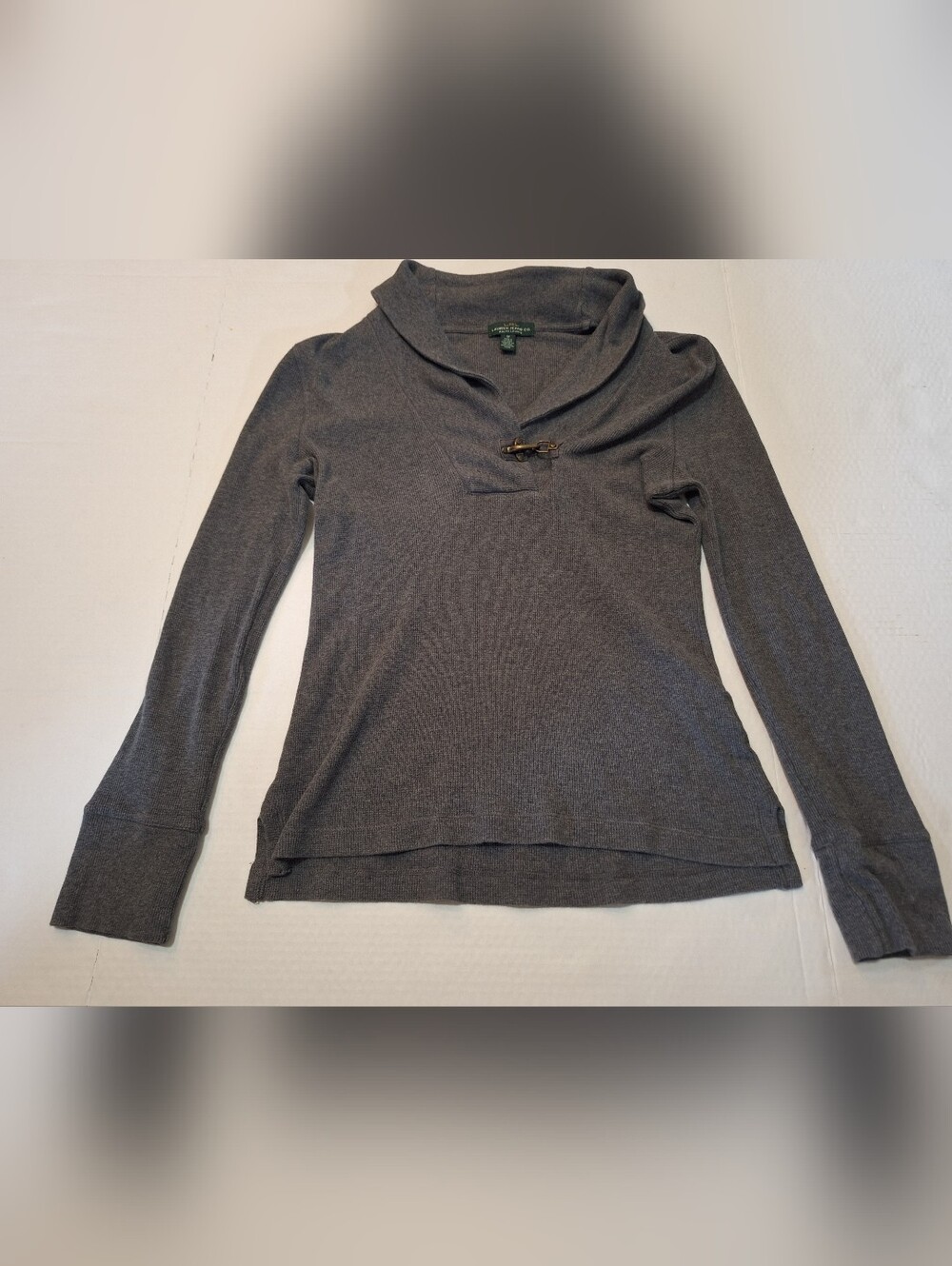 Lauren Ralph Lauren  Jeans Shawl Collar Buckle Long Sleeve Gray Sweater Size M